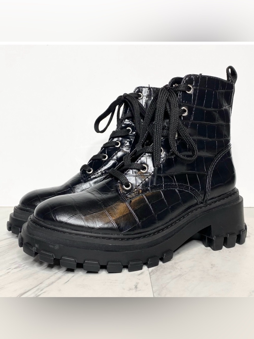 SCHUTZ Black Croc-Embossed Lug Sole Combat Boots